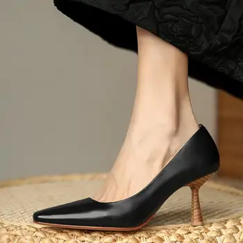 Taoffen Mulheres Novos Sapatos Couro Verdadeiro Estranho Calcanhar Mulheres Bombas De Moda Festa De Sapatos De Mulheres De Pés Quadrados De Calçado De Tamanho 34-39