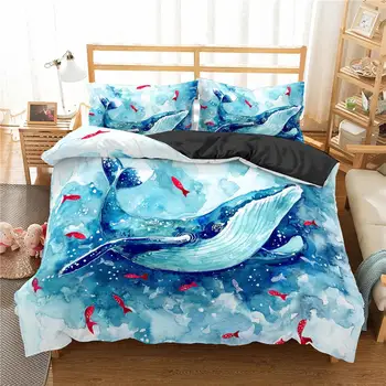 Homesky Baleia Conjunto de roupa de Cama 3d Animal de Capa de Edredão Conjunto Azul e Branco em Aquarela jogo de Cama HomeTextiles Peixes do Oceano roupa de cama