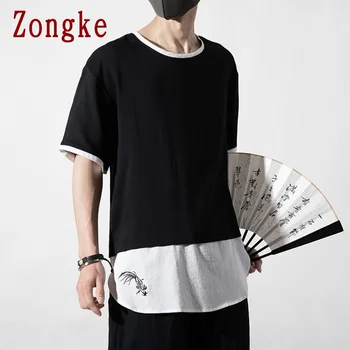 Zongke Vintage Algodão T-Shirt Para Homens Roupas Harajuku T-Shirts Japonês Streetwear Homens Tshirt Homens Tops M-5XL 2021 Verão Novo