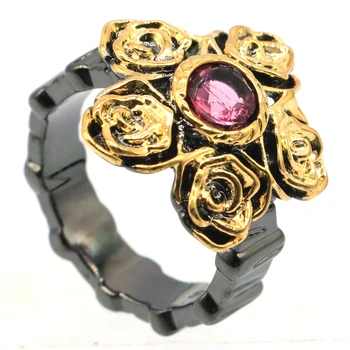 25x18mm Neo-Gótico Flores Criado Turmalina Rosa Para as Mulheres de Rua, Moda Jóias Legal Ouro Preto Anéis de Prata