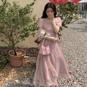 2021 Verão cor-de-Rosa Elegante Casual Mulheres Vestidos de Manga Curta Doce Midi Vestido de Fêmeas Parte de Uma Peça Vestido coreano Praça Colar