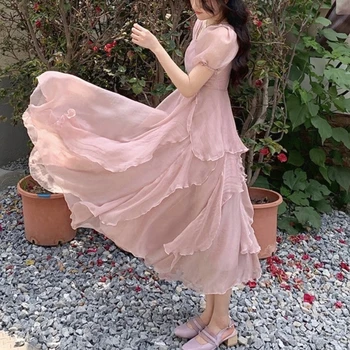 2021 Verão cor-de-Rosa Elegante Casual Mulheres Vestidos de Manga Curta Doce Midi Vestido de Fêmeas Parte de Uma Peça Vestido coreano Praça Colar