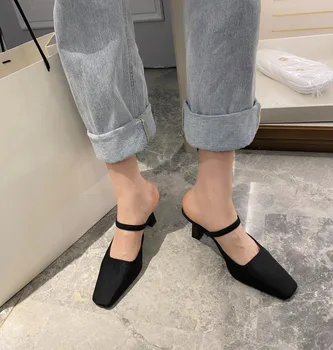 Primavera 2021 Mulheres Chinelos De Quarto Moda Dedo Do Pé Quadrado Mulas Chinelos, Sandálias, Sapatos Para Mulher Fina E Salto Alto Feminino Chinelos Sapatos
