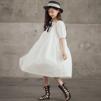 Bebê Vestido De Princesa Branca Grande Arco 2021 Nova De Verão, Roupas De Crianças Crianças Puff Manga Bonito Algodão Meninas Adolescentes Midi Vestido,#6163