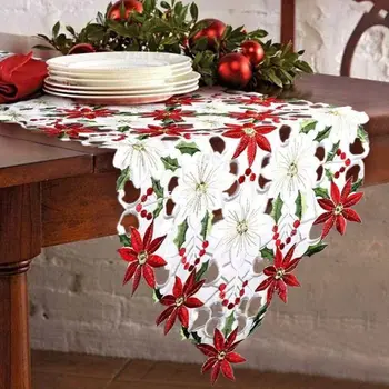 2021 Nova Natal Bordado Corredores da Tabela bicos-de-Holly Folha de toalhas de Mesa para o Natal Decorações 15 x 69 Polegadas