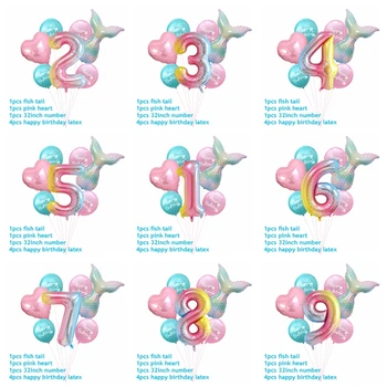 7pcs Sereia Número de Balão arco-íris Cauda de Sereia Balões Sob O Mar, Feliz Aniversário, Decoração para uma Festa da Menina das Crianças 1 2 3 Balon Sereia