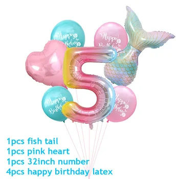 7pcs Sereia Número de Balão arco-íris Cauda de Sereia Balões Sob O Mar, Feliz Aniversário, Decoração para uma Festa da Menina das Crianças 1 2 3 Balon Sereia