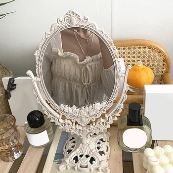 Vintage Decorativos Pequenos Espelhos Nórdicos Prata Plástico Vintage Rodada Make-up Quarto de Espelho de Sala com Mesa de Pé de Vidro Espelho