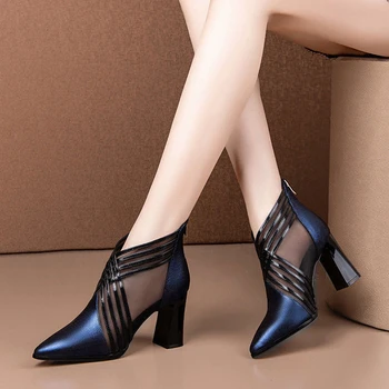 Mulheres Ankle Boots Ocos Dedo Apontado Zip Sólido Malha Bomba Mulher Senhoras de Sapatos Moda Elegante Escritório de Salto Alto Calçado 2021