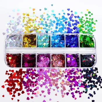 Holográfico Forma de Coração Nail Art com Glitter Flocos de Tamanho Misto de Lantejoulas para o Gel polonês Unhas Decoração de Primavera e Verão de Design