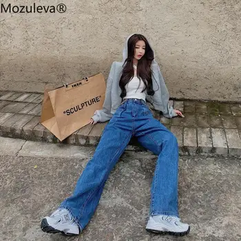 Mozuleva Mulheres Calças Jeans Casual Fundos de Algodão Wide-leg Jeans Calças Outono 2021 Primavera Cintura Alta comprimento Total de Calças de mulher