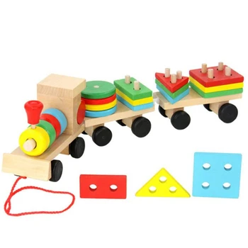 Brinquedos De Madeira Do Comboio De Caminhões Conjunto De Blocos Geométricos Classificação Conselho Montessori Crianças Brinquedo Educativo Cor Shape Match Empilhados Quebra-Cabeça