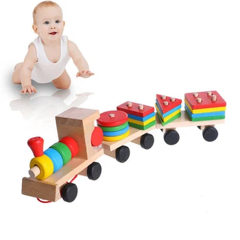 Brinquedos De Madeira Do Comboio De Caminhões Conjunto De Blocos Geométricos Classificação Conselho Montessori Crianças Brinquedo Educativo Cor Shape Match Empilhados Quebra-Cabeça