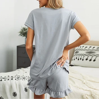 Verão as Mulheres do Pijama Conjunto de Cintura Elástica de V-Pescoço para Casa terno para as mulheres Solta Babados Pijama com shorts Conjunto de roupa de dormir mulher 2021