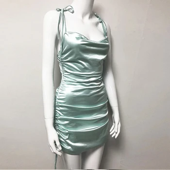 Vestidos de verão, a Luz Verde cor-de-Rosa Roxo de Cetim Ruched Curativo Bodycon sem encosto Sexy Mini Vestido Casual Clubwear de Roupas femininas