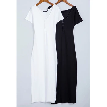 Vintage preto branco bodycon vestido maxi elegante, sexy profundo decote em v botão apertado vestido de festa midi vestido de verão de 2019 vestidos