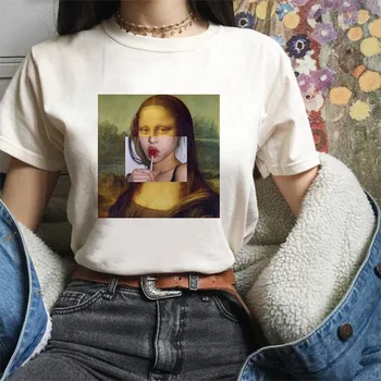 2021 Verão as Mulheres T-shirt de Mangas Curtas Falsificar pintura a óleo impresso Básica-Estilo de Moda Casual Chic Mulher de Camisa Tops