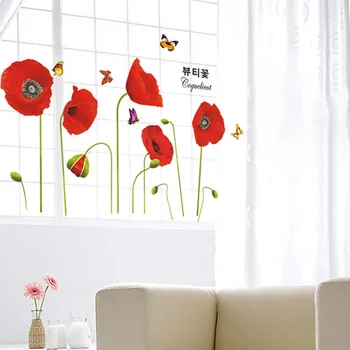 DIY Papoula Vermelha Flor Borboleta Adesivos de Parede Sala Quarto Arte de Parede decoração adesivos de pano de Fundo mural