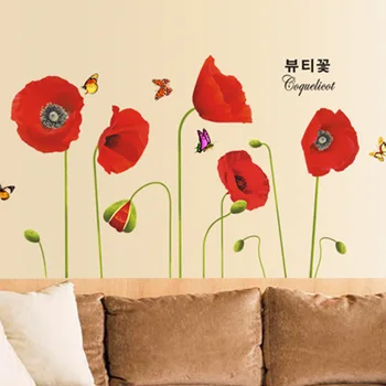 DIY Papoula Vermelha Flor Borboleta Adesivos de Parede Sala Quarto Arte de Parede decoração adesivos de pano de Fundo mural