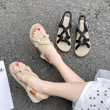 2021 Novas Sandálias Artesanais de Palha de Sapatos de Mulher Roupa de Tecido de Corda de Cânhamo Sandálias de Praia Sapatos femininos