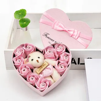 2021 Dia de são Valentim 10 Flores de Sabão Presente da Flor da Rosa Caixa de Ursos Buquê Decoração do Casamento de Dom Festival de Coração em forma de Caixa