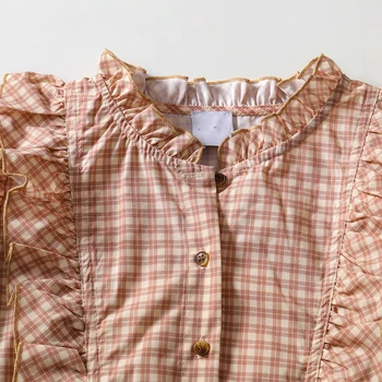Camisa Guillemette Femme Babados Alta Gola de Camisas cor-de-Rosa Xadrez Puff manga da Blusa Chique Elegante 2021 Blusa à manches courtes