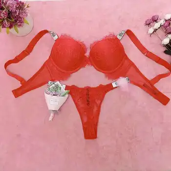 Sexy Segredo Laço Strass Carta Bikini Tanga Push-Up Bra Calcinha Parte 2 Mulheres Ajustável Cueca Conjuntos De Estrelas De Mesmo Estilo De Design