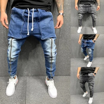 2021 Europeias e Americanas, os homens do tecido de jeans casual sports big bolso de uma calça jeans cordão