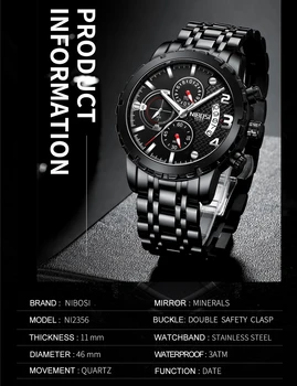 NIBOSI Nova Moda Relógios de homens de Aço Inoxidável com as melhores marcas de Luxo do Desporto Cronógrafo de Quartzo Relógio Homens Relógio Masculino