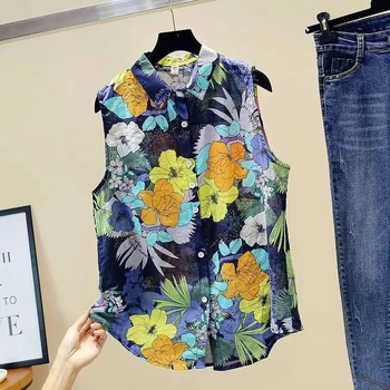 Ins moda sem mangas impresso camisa feminina plus size 2021 verão nova-coreano moda solto e casual retrô ocidental blusa floral