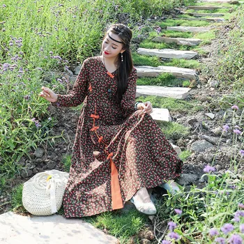 NYFS 2021 Nova Primavera, Outono Vintage Solto Mulher de Vestido Vestido de mulher Túnica Pequena Vestido Longo floral