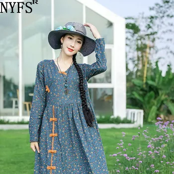 NYFS 2021 Nova Primavera, Outono Vintage Solto Mulher de Vestido Vestido de mulher Túnica Pequena Vestido Longo floral