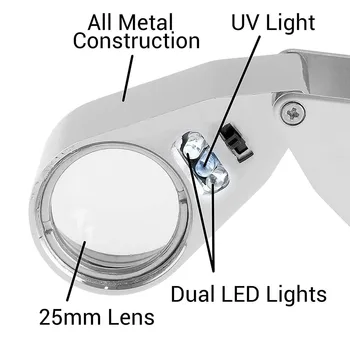 40X Iluminado Joalheiro DIODO emissor de UV da Lente de lupa Lupa com a Construção de Metal e Vidro Óptico
