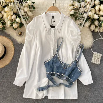 Chic Design de Moda Lapela Frisado Manga Longa Camisa Branca Vestido+ cravejado de Diamantes Frisado Jeans Camis Colete de 2 Conjuntos de peças de Mulheres