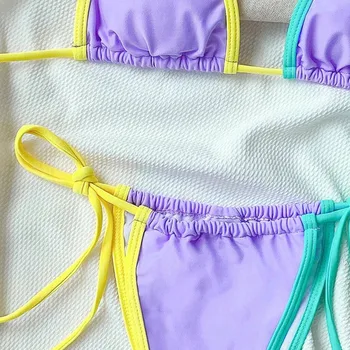 Color Block sem Alças do Biquíni Micro Biquíni de Duas peças de roupas de banho para Mulheres Halter Triângulo Bikini Alta Corte a parte de Baixo do Biquíni