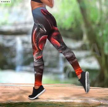 Dragão o Rock de Duas peças de Conjunto de Yoga Mulheres de Impressão 3D Colete Ocos parte Superior do Tanque de Cintura Alta Legging de Verão Casual Esporte