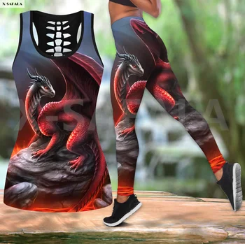 Dragão o Rock de Duas peças de Conjunto de Yoga Mulheres de Impressão 3D Colete Ocos parte Superior do Tanque de Cintura Alta Legging de Verão Casual Esporte