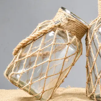 Novo 2021 Hidroponia Corda Trançada de Vidro Transparente Vintage Vaso de Decoração de Casa de Vidro Transparente Vaso de Corda de Cânhamo de exposição Floral