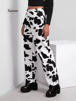 Mulheres Vaca Local de Impressão do sexo Feminino Reta Calças Jeans Y2K Casual Selvagem de Cintura Alta da Moda Calças de Avant-Garde Diário Roupas de Streetwear