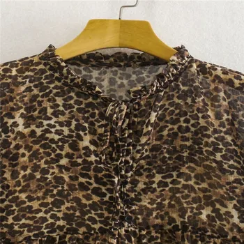 ZA Mulheres Imprimir Chiffon Mini Vestido de Verão 2021 Longo Puff Luva Ajustável Drawcord de Pescoço de V Leopard Vestidos Vintage Vestisos