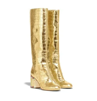 US4-11 Mulheres Pontiagudo Dedo do pé Crocodilo Padrão Ouro Bling Rhinstones a altura do Joelho, Coxa Botas Bloco de Calcanhar Reais de Couro Sapatos de Mais Sz