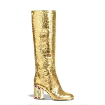 US4-11 Mulheres Pontiagudo Dedo do pé Crocodilo Padrão Ouro Bling Rhinstones a altura do Joelho, Coxa Botas Bloco de Calcanhar Reais de Couro Sapatos de Mais Sz