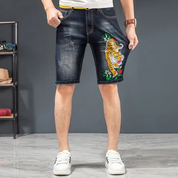2021 Verão A Moda Hip Hop Mens Shorts Jeans Bordado Tigre Macho Casual Slim Retro Lavado Denim Cinco Pontos Calças