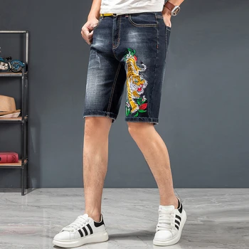 2021 Verão A Moda Hip Hop Mens Shorts Jeans Bordado Tigre Macho Casual Slim Retro Lavado Denim Cinco Pontos Calças