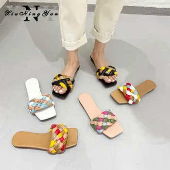 2021 Tecido Chinelos Mulheres Deslizamento em Corrediças Marca de Moda de pés Quadrados de Couro Sandálias Feminino Casual, ao ar livre Chinelos de quarto Flip-Flops
