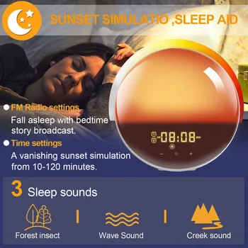 Wi-fi Smart Despertar Luz do Dia Relógio Despertador com 7 Cores do Nascer do sol/por do Sol Vida Inteligente Relógio da Simulação Sons da Natureza de Rádio FM