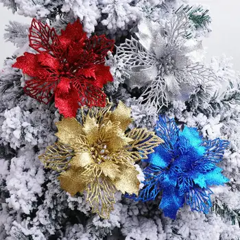 1/5/10pcs Glitter Flores Artificiais Feliz Natal Enfeites de Árvore de Natal, Enfeites para Casa, Ano Novo, Festa de Casamento Decoração