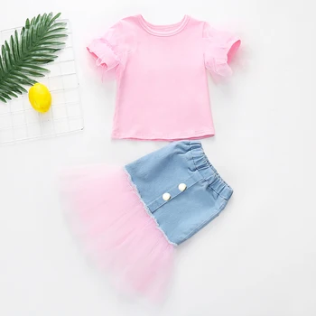 Moda infantil Puff Manga Rosa T-Shirt + Jeans Patchwork de Rendas da Saia da Menina Roupas de Verão Conjuntos de 12M-6T