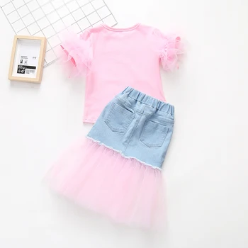 Moda infantil Puff Manga Rosa T-Shirt + Jeans Patchwork de Rendas da Saia da Menina Roupas de Verão Conjuntos de 12M-6T