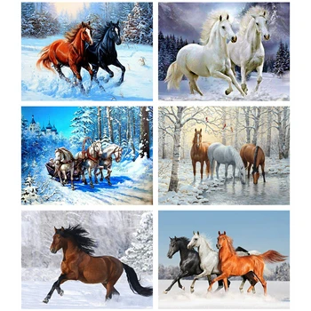 5D Diamante Pintura Cavalo de Ponto de Cruz, Kits de Animais de Diamante Mosaico, Bordado de Diamante Pleno Inverno Pintura de Decoração de Casa